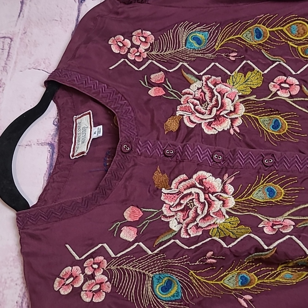 JOHNNY WAS WORKSHOP 100% SILK PEACOCK FLORAL EMBROIDERED TUNIC POPOVER BLOUSE XL - Picture 3 of 15